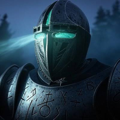 A digital illustration depicts an armored knight wearing a dark metal helmet with glowing cyan eyes and engravings, set against a dark, misty background.