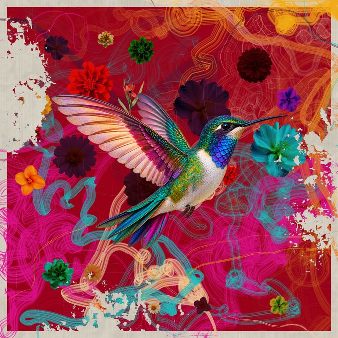 A vibrant, colorful digital artwork featuring a hummingbird in mid-flight against a magenta background, surrounded by various colorful flowers and swirling abstract patterns.