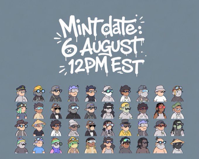 A promotional graphic announcing 'Mint date: 6 August 12pm EST' above a grid of 40 cartoon NFT-style character avatars.