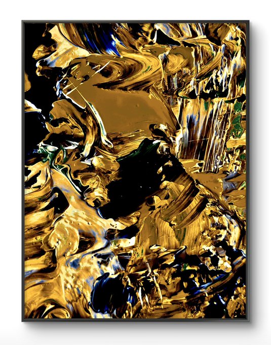 An abstract gold and black painted artwork titled "What's Expected" (9/10) by Terry Knox, displayed in a gold frame and offered as a 14x11" signed print, matching the post celebrating its first sale on OBJKT for 25 tez.