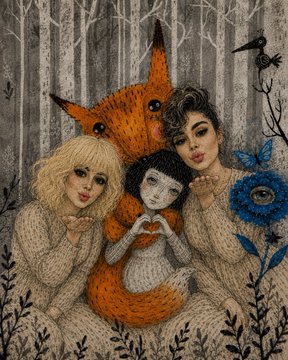 A detailed illustration depicting two women in knitted sweaters holding a porcelain doll and an orange fox, with a raven and blue flowers in a forest setting.