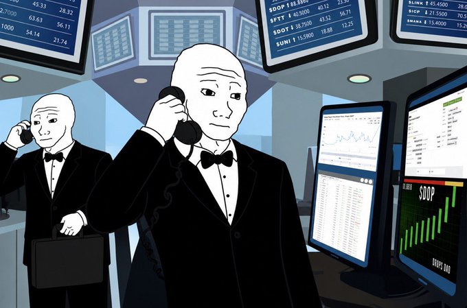 An animated scene depicting bald figures in tuxedos on phones in a stock trading environment, with monitors showing tickers like SDOP, SFTT, SDOT, SUNI, SLINK, SICF, and a green upward chart.