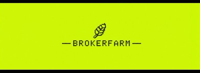 A bright yellow-green logo banner for 'BROKERFARM' featuring a feather quill icon in the center.