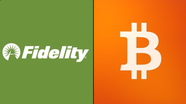 The image is split into two halves, showing the white "Fidelity" logo on a green background on the left and the Bitcoin symbol on an orange background on the right, visually tying the financial giant Fidelity to its Bitcoin holdings highlighted in the caption about their $23.11M BTC acquisition.