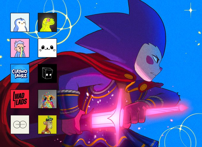 An illustration of an anime-style character in a purple and blue superhero-like costume holding a glowing pink sword, with a sidebar showing NFT collection logos including 'Claynosaurz' and 'Mad Lads'.