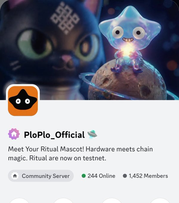 Discord server preview card for 'PloPlo_Official' featuring a cute blue crystal mascot character holding a glowing light, with 244 users online and 1,452 members in the Community Server.
