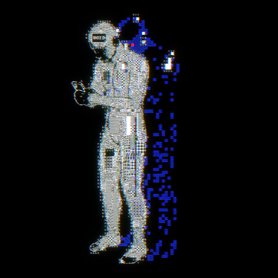 The image features a man standing against a black background, wearing a silver suit with blue dots. The man appears to be holding a cell phone or a remote control, possibly engaged in an activity that involves these devices. The caption of the image reads "DEATH.DEVICE NULL BODY : VOID VESSEL 1/1 ~~ 0.0512 eth". This means that the person depicted is not real and has been rendered with a digital art style to create an interesting visual effect or to convey a specific message.