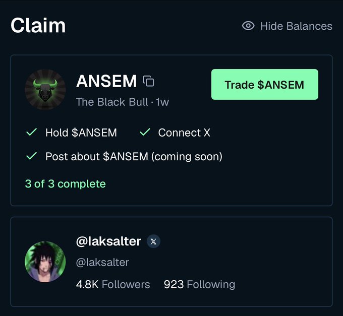 A 'Claim' interface showing ANSEM ('The Black Bull') token requirements with 3 of 3 tasks complete, alongside an X profile for @laksalter with 4.8K followers.