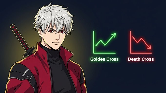 An anime-style illustration of a white-haired swordsman in a red coat appears next to two financial charts labeled 'Golden Cross' in green and 'Death Cross' in red.