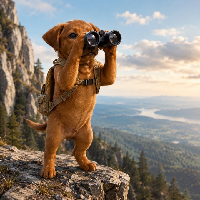 An adorable reddish-brown puppy stands upright on a rocky cliff edge wearing a small backpack and looking through binoculars over a vast valley landscape.
