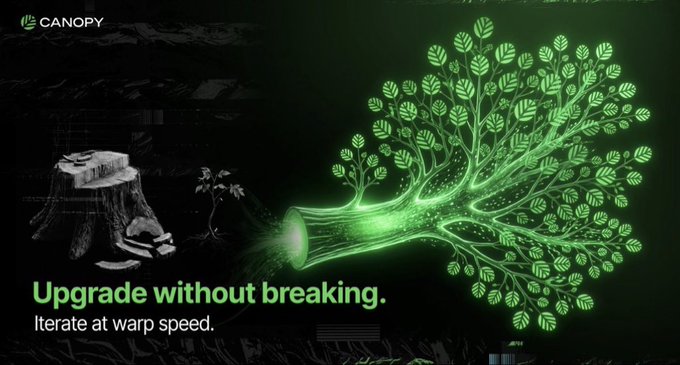 A promotional graphic for Canopy featuring a green glowing tree next to a tree stump with the text "Upgrade without breaking. Iterate at warp speed."