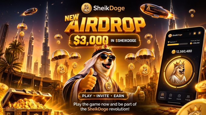 A promotional graphic for the SheikDoge ($SHEIK) airdrop features a cartoon sheikh character with sunglasses giving a thumbs-up amid golden parachutes and a treasure chest, advertising a "NEW AIRDROP" worth "$3,000 IN $SHEIKDOGE." A smartphone on the right displays the SheikDoge app showing a balance of "12,560,480," with the call-to-action "PLAY • INVITE • EARN" encouraging users to join the airdrop before the December 20th distribution.