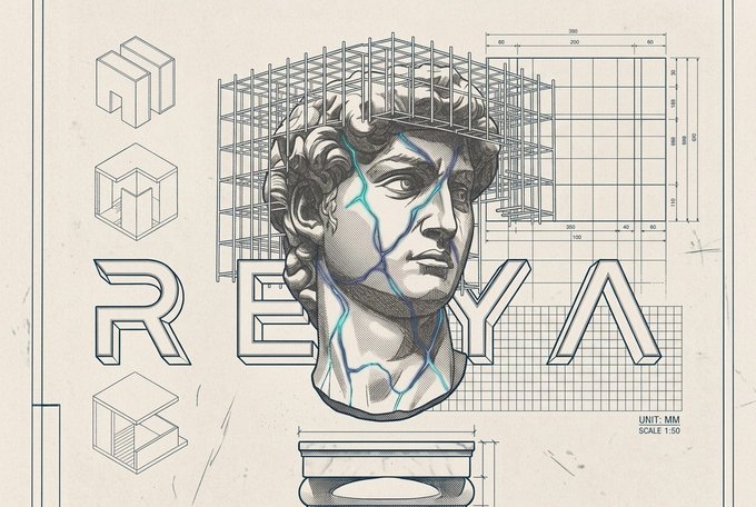 A technical blueprint-style illustration depicts a classical sculpture head (resembling Michelangelo's David) cracking apart with glowing blue fissures, framed by geometric "Reya" logo designs and architectural dimensions marked "300, 200, 100, 50" and "100, 175, 50, 175, 200," with "UNIT: MM, SCALE 1:50" labeled.

The image metaphorically illustrates the post's message about Reya fundamentally disrupting or "cracking" the traditional trading fee model, with the fractured classical sculpture symbolizing how Reya has shattered conventional fee structures (zero maker fees, reduced taker fees down to 2bps) in the crypto exchange space.