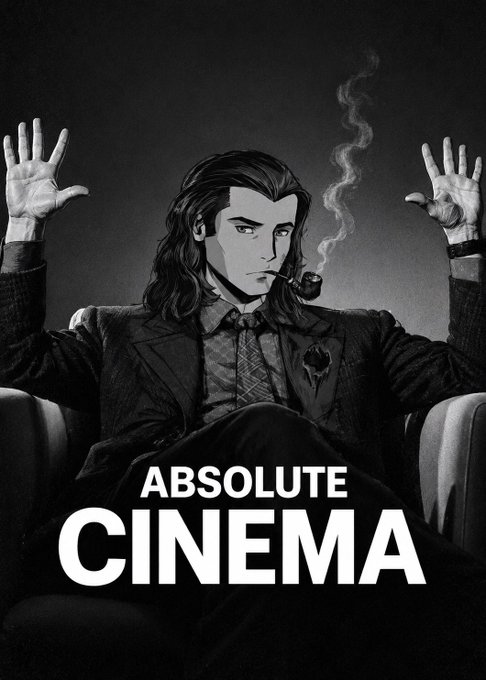 A black-and-white illustration depicts a man in a suit smoking a pipe with his hands raised, overlaid with bold text reading 'ABSOLUTE CINEMA'.