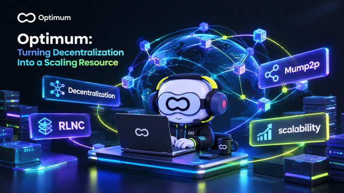 A promotional banner for 'Optimum' titled 'Turning Decentralization Into a Scaling Resource', showing a mascot with headphones working on a laptop surrounded by glowing network graphics highlighting 'Decentralization', 'Mump2p', 'RLNC', and 'scalability'.