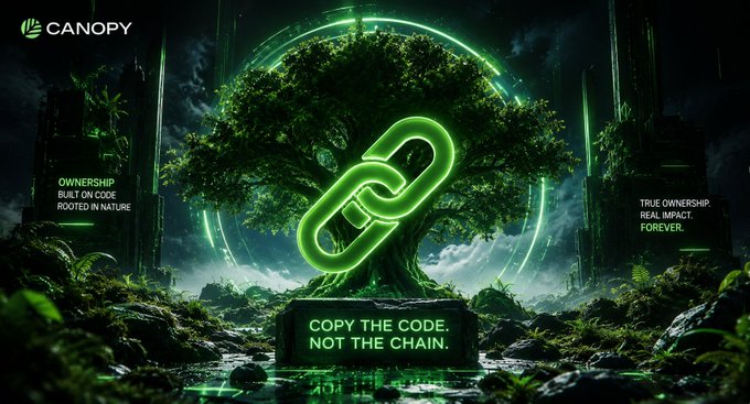 A futuristic green-hued scene features a glowing tree with a large chain link symbol at its center, alongside the "CANOPY" logo and the tagline "COPY THE CODE. NOT THE CHAIN." with supporting text reading "OWNERSHIP BUILT ON CODE ROOTED IN NATURE" and "TRUE OWNERSHIP. REAL IMPACT. FOREVER."

The image visually reinforces the post's themes by depicting a tree (representing nature and growth) merged with a chain link (symbolizing blockchain ownership), embodying Canopy's message of decentralized ownership rooted in natural principles.