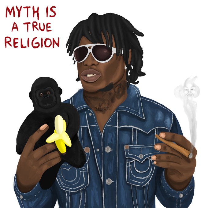 The image features a man wearing sunglasses, holding a banana and a cigarette. He appears to be dressed in blue denim clothing with a jacket over his shirt. The caption of the image reads "Myth is a true religion", which seems to be a reference to the artist's interpretation or message behind the scene depicted in the artwork.

The post also mentions that the artist has been collecting images on Tezos, suggesting that this might be an online art community where artists share their work and ideas with each other.