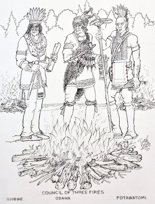 A black-and-white line drawing depicts three Native American figures labeled 'OJIBWE,' 'ODAWA,' and 'POTAWATOMI' standing around a campfire, titled 'COUNCIL OF THREE FIRES.'