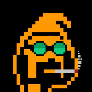 A pixel art illustration of a character with long orange hair, green sunglasses, and a beard, smoking a cigarette on a black background.