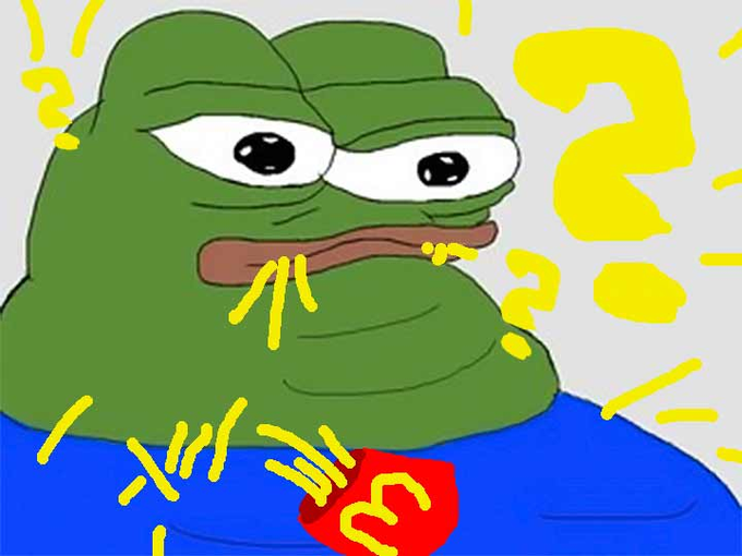 A cartoon illustration of a green Pepe-like frog character wearing a blue shirt with a red '31' logo, with yellow '?' marks radiating from its head against a gray background.
