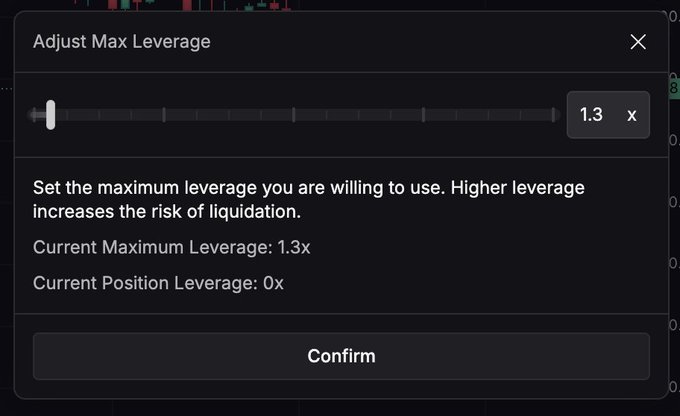 The image features a message box that reads "AdjMax Leverage", which appears to be related to finance or investments. This message provides information about adjusting maximum leverage, as well as an example with a current position leveraged at 1.3x.