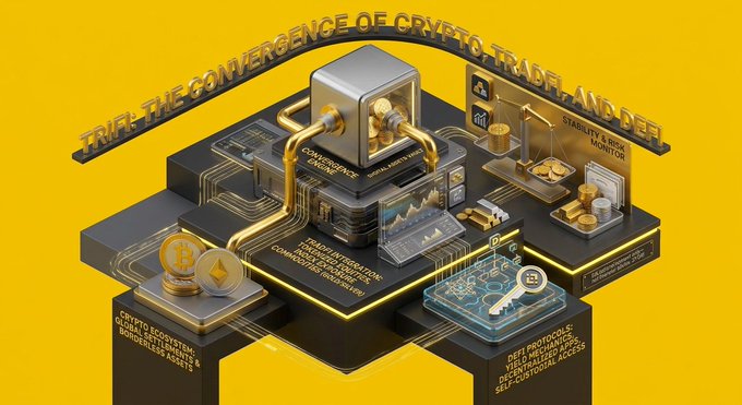 A 3D isometric illustration titled 'THE CONVERGENCE OF CRYPTO, TRADE, AND DEF' depicts the integration of digital and traditional financial ecosystems.