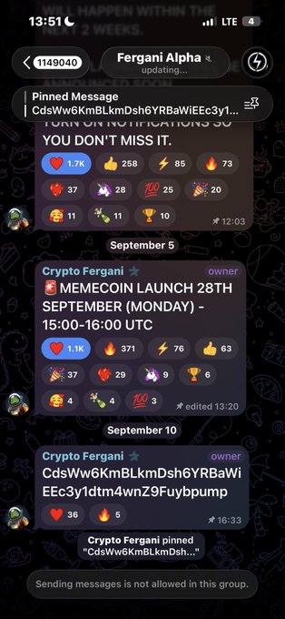 Telegram chat screenshots showing the 'Fergani Alpha' and 'Crypto Fergani' groups with messages about a 'MEMECOIN LAUNCH 28TH SEPTEMBER' and reactions to pinned contract addresses.