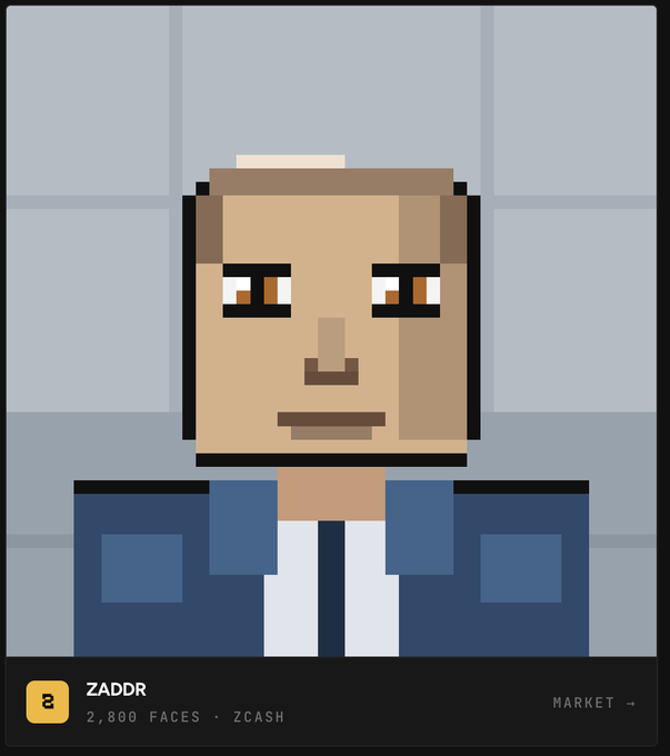 A pixel-art character portrait from a NFT collection labeled "ZADDR" with "2,800 FACES · ZCASH" and a "MARKET →" link, showing a man with brown hair and a blue jacket.