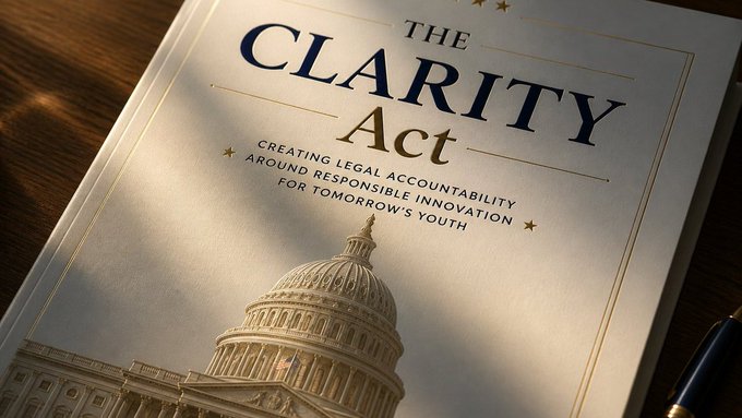 The cover of "The CLARITY Act" is shown, detailing its purpose of "CREATING LEGAL ACCOUNTABILITY AROUND RESPONSIBLE INNOVATION FOR TOMORROW'S YOUTH," with an image of the U.S. Capitol at its base, reinforcing the legislative context of the accompanying news.