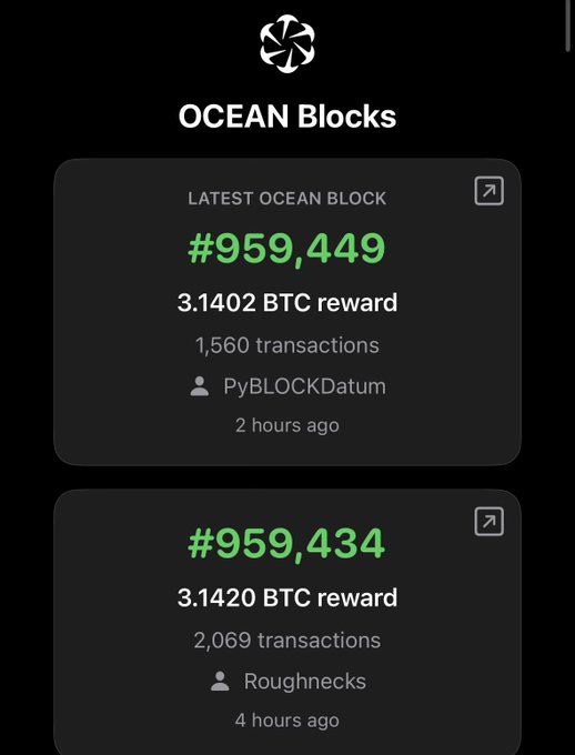 A mobile app screen displaying OCEAN Blocks, showing the latest ocean block #959,449 with a 3.1402 BTC reward, 1,560 transactions, mined by PyBLOCKDatum 2 hours ago, and block #959,434 with a 3.1420 BTC reward, 2,069 transactions, mined by Roughnecks 4 hours ago.