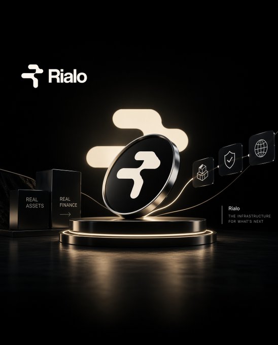 A promotional graphic for 'Rialo' shows a glowing black coin with a stylized 'R' logo on a pedestal, accompanied by the tagline 'THE INFRASTRUCTURE FOR WHAT'S NEXT' and icons connecting to 'REAL ASSETS' and 'REAL FINANCE'.