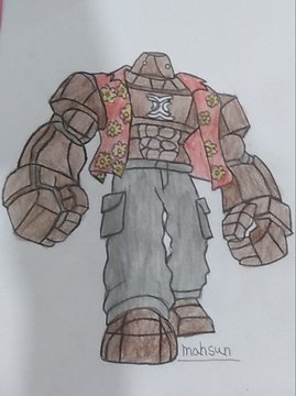 A hand-drawn illustration of a muscular character with rocky arms wearing a red Hawaiian shirt and grey pants, signed "mohsan".