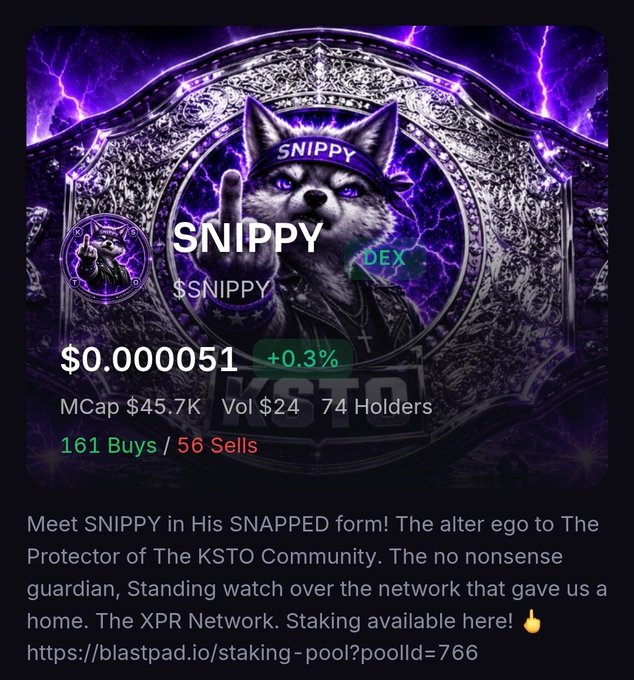 The image features a purple background with white text, which reads "SNIPPY". The text includes an image of the character Snippy, surrounded by lightning bolts. Above Snippy, there's a caption stating that the character is being sold for $0.0051. Below Snippy, another caption indicates that there are currently 1691 buyers and sellers interested in purchasing or selling the character. In the bottom right corner of the image, there is a thumbs-up symbol to show approval or agreement with the post's content.