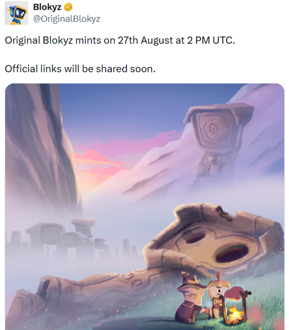 A tweet from Blokyz (@OriginalBlokyz) announcing that Original Blokyz NFT mints on August 27th at 2 PM UTC, accompanied by an illustration of a character in a misty landscape.