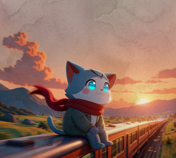 The image features a cat sitting on top of a train track during sunset, with mountains visible in the background. The cat appears to be wearing a red scarf and has blue eyes. The scene suggests that the cat might be waiting for someone or simply enjoying the view as the sun sets over the landscape.
