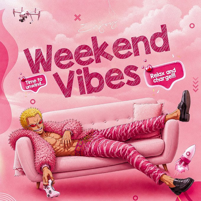 A stylized pink-themed graphic illustration titled 'Weekend Vibes' featuring an anime-style character with blonde hair lounging on a pink sofa while holding a game controller, with tags reading 'Time to unwind...' and 'Relax and charge!!'.