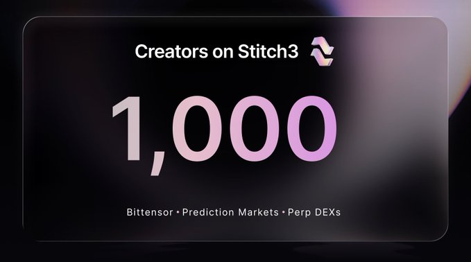 A promotional graphic announcing 'Creators on Stitch3' reaching 1,000, with categories listed as Bittensor, Prediction Markets, and Perp DEXs.