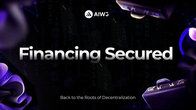 The AIW3 logo is shown on a dark background with binary code, announcing "Financing Secured" and referencing a 200,000 USD investment. This relates to the post by highlighting a key financial milestone for the project.