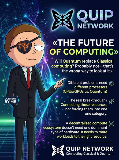 An infographic titled 'QUIP NETWORK «THE FUTURE OF COMPUTING»' features a cartoon character and explains how a decentralized compute network can connect classical (CPUs/GPUs) and quantum resources to handle different workloads.