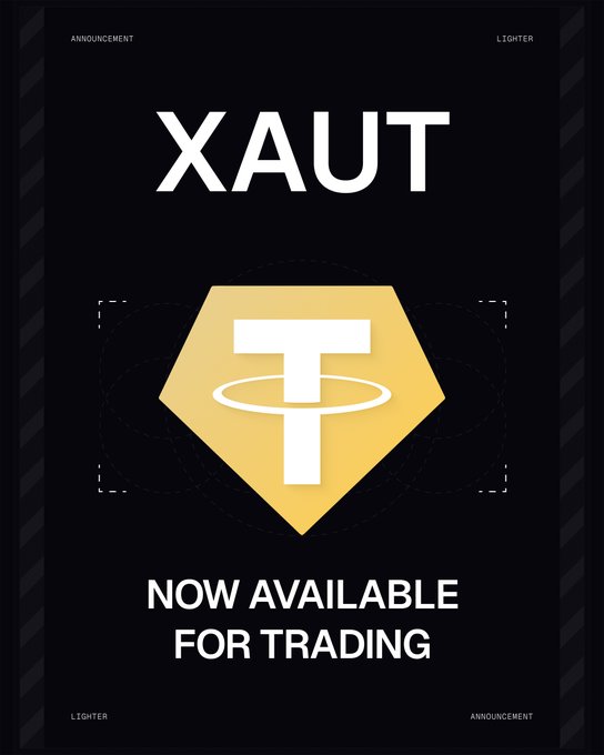 The image is a black promotional announcement from "Lighter" featuring a gold hexagonal Tether (T) logo, with the text "XAUt" prominently displayed at the top and "NOW AVAILABLE FOR TRADING" at the bottom. This ties to the post's caption by highlighting the XAUt (Tether Gold) ticker and its recent availability for trading on the platform.