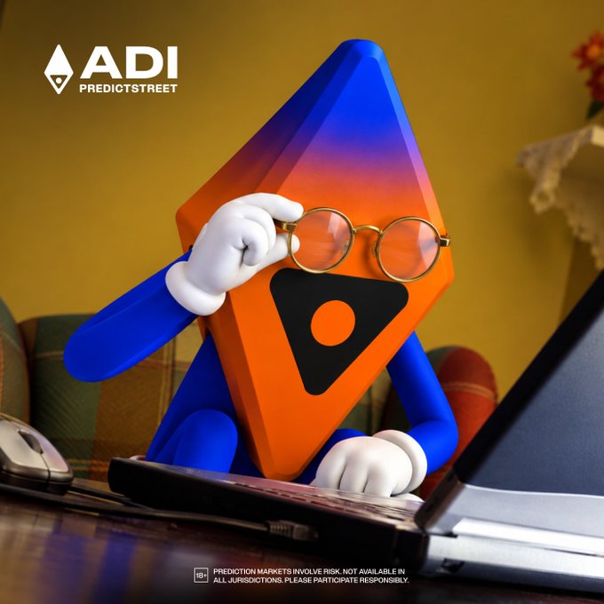The ADI PredictStreet mascot—a blue and orange geometric character wearing round glasses—hunches thoughtfully over a laptop on a cozy couch, with the "ADI PREDICTSTREET" logo in the top corner and a disclaimer noting that prediction markets involve risk and aren't available in all jurisdictions, perfectly capturing the post's idea of pausing to check market signals on ADI before trusting the chat.