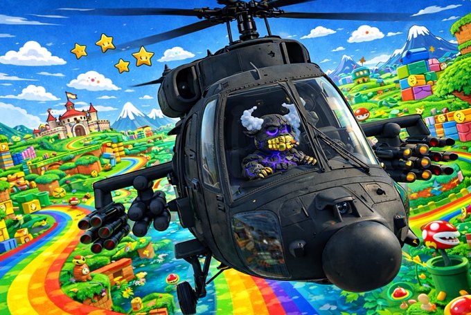A black military helicopter is piloted by a horned, skull-like character over a vibrant Super Mario-themed landscape with rainbows, blocks, and mushrooms, with three stars visible in the sky.