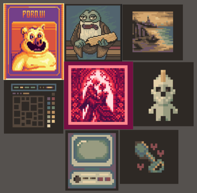 A collage of pixel art images featuring various characters, a synthesizer, a teddy bear poster labeled 'POMI', a seascape, a game console, a red figure, a ghost, and a teapot.