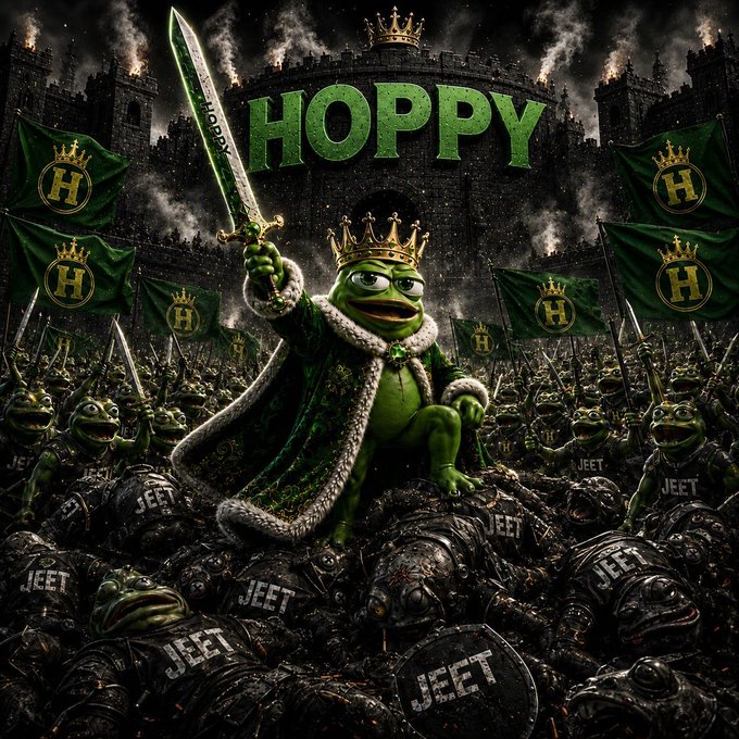 A crowned green frog in royal garb raises a sword labeled "HOPPY" triumphantly atop a battlefield of fallen armored frogs branded "JEET," with green banners displaying "H" flanking a castle backdrop—mirroring the post's message of loyalty triumphing over doubters and dip-sellers.