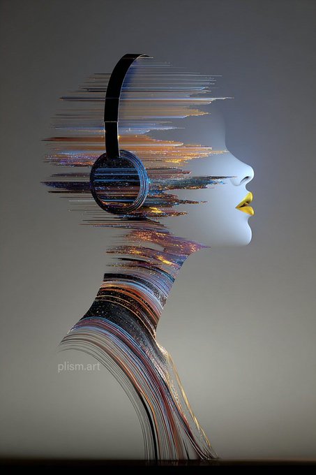 A digital art piece titled 'plism.art' depicting a stylized white mannequin head and torso wearing headphones, with colorful glitch-like horizontal streaks forming the body.