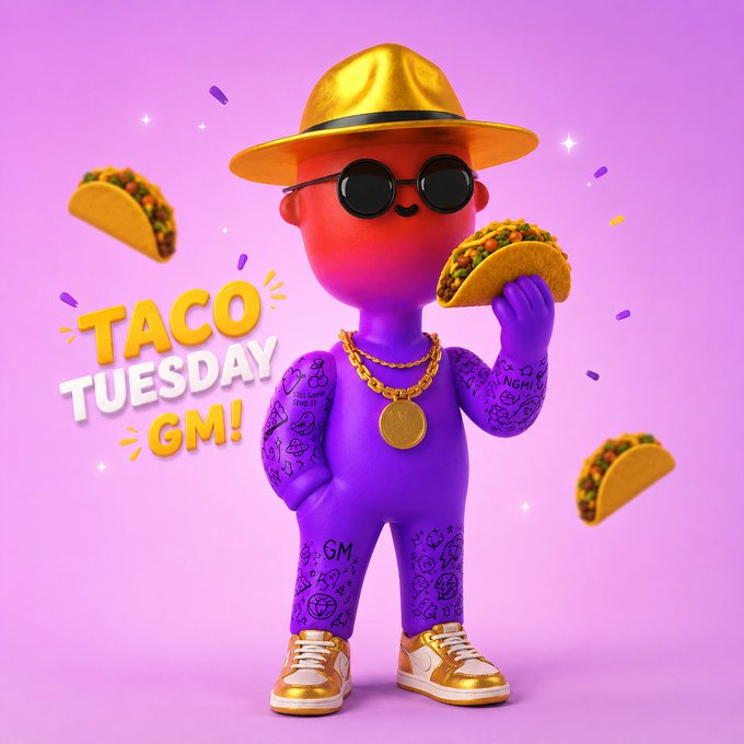 A colorful 3D character in a purple outfit, gold hat, and sunglasses holding a taco, with 'TACO TUESDAY GM!' text on a pink background.