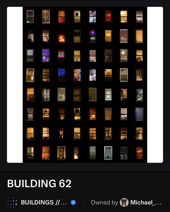 A grid of illuminated windows from "BUILDING 62" against a black background, showing various interior scenes. The post suggests these visual tokens can be gifted or used as creative collaboration incentives, with the image showcasing a collection of window views owned by "Michael...." on the Buildings NFT platform (verified by the blue checkmark).