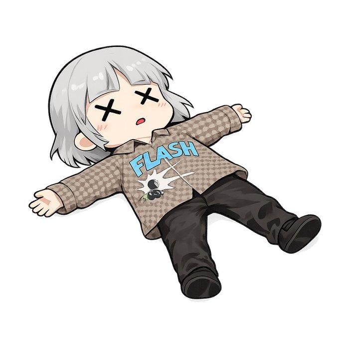 Anime-style chibi character with silver hair and X-shaped eyes lying flat on their back, wearing a beige checkered shirt with 'FLASH' text and a bug graphic, paired with camouflage pants.