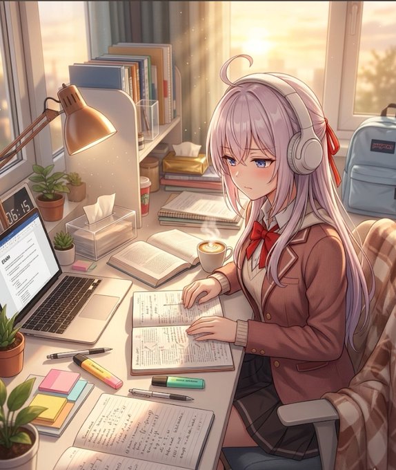 The image features a girl sitting at her desk, wearing headphones and working on her laptop while surrounded by various books and plants. The scene suggests that she might be studying or doing research for an exam. The presence of multiple books indicates that she is engaged in a subject that requires extensive reading and understanding. Additionally, the potted plant adds a touch of nature to the room, creating a more comfortable and pleasant atmosphere while she focuses on her work.