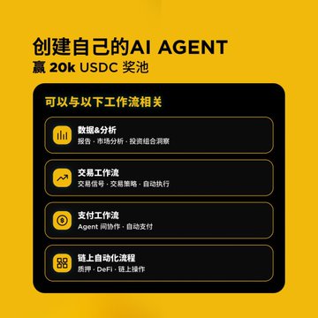 A yellow promotional graphic with Chinese text '创建自己的AI AGENT 赢 20k USDC 奖池' (Create your own AI Agent, win 20k USDC prize pool), listing workflow types: data analysis, trading, payment, and on-chain automation.
